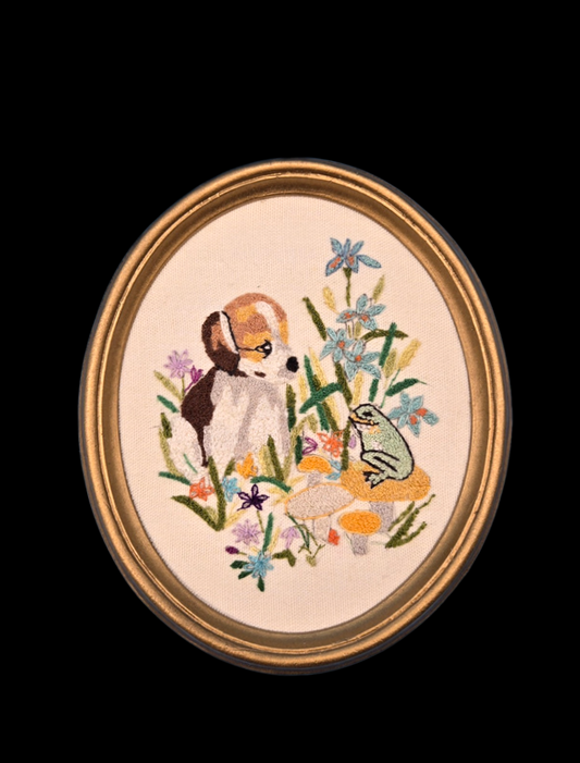 Vintage Puppy with Frog Framed Needlepoint