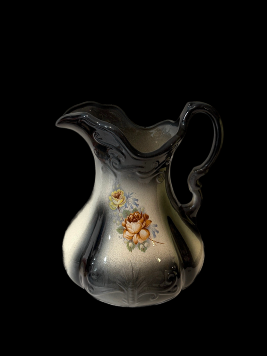 Vintage Floral Ironstone Black Pitcher