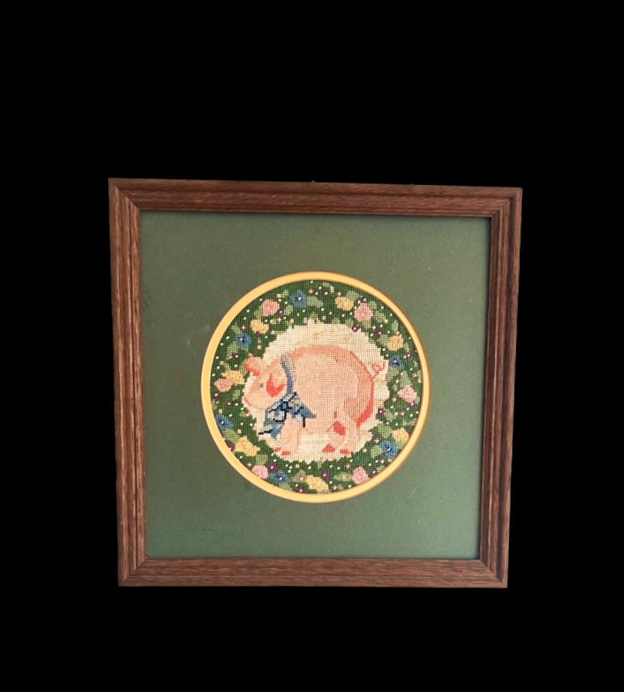Vintage Pig Framed Needlepoint