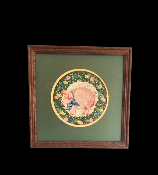Vintage Pig Framed Needlepoint