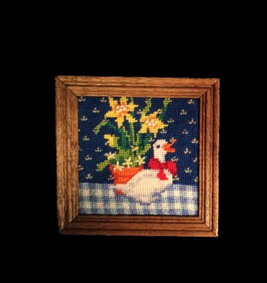 Vintage Duck with Flowers Framed Needlepoint