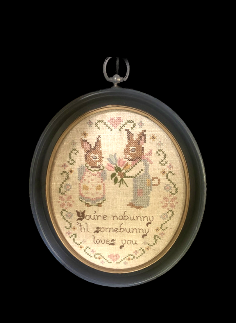 Vintage Bunny Love Framed Needlepoint