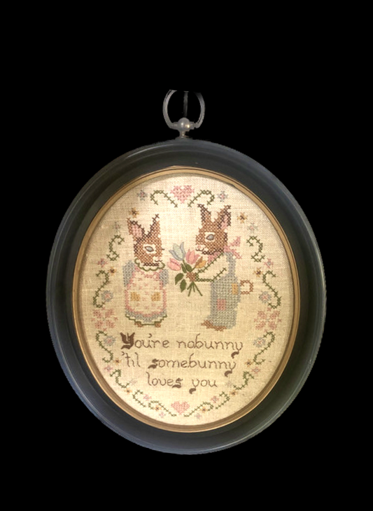 Vintage Bunny Love Framed Needlepoint