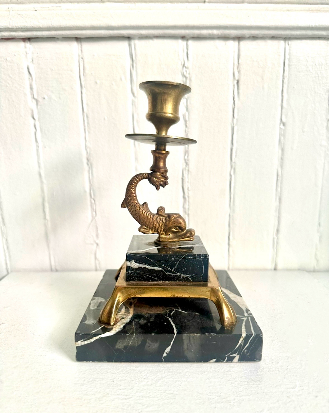 Vintage Marble & Brass Koi Fish Candle Holder