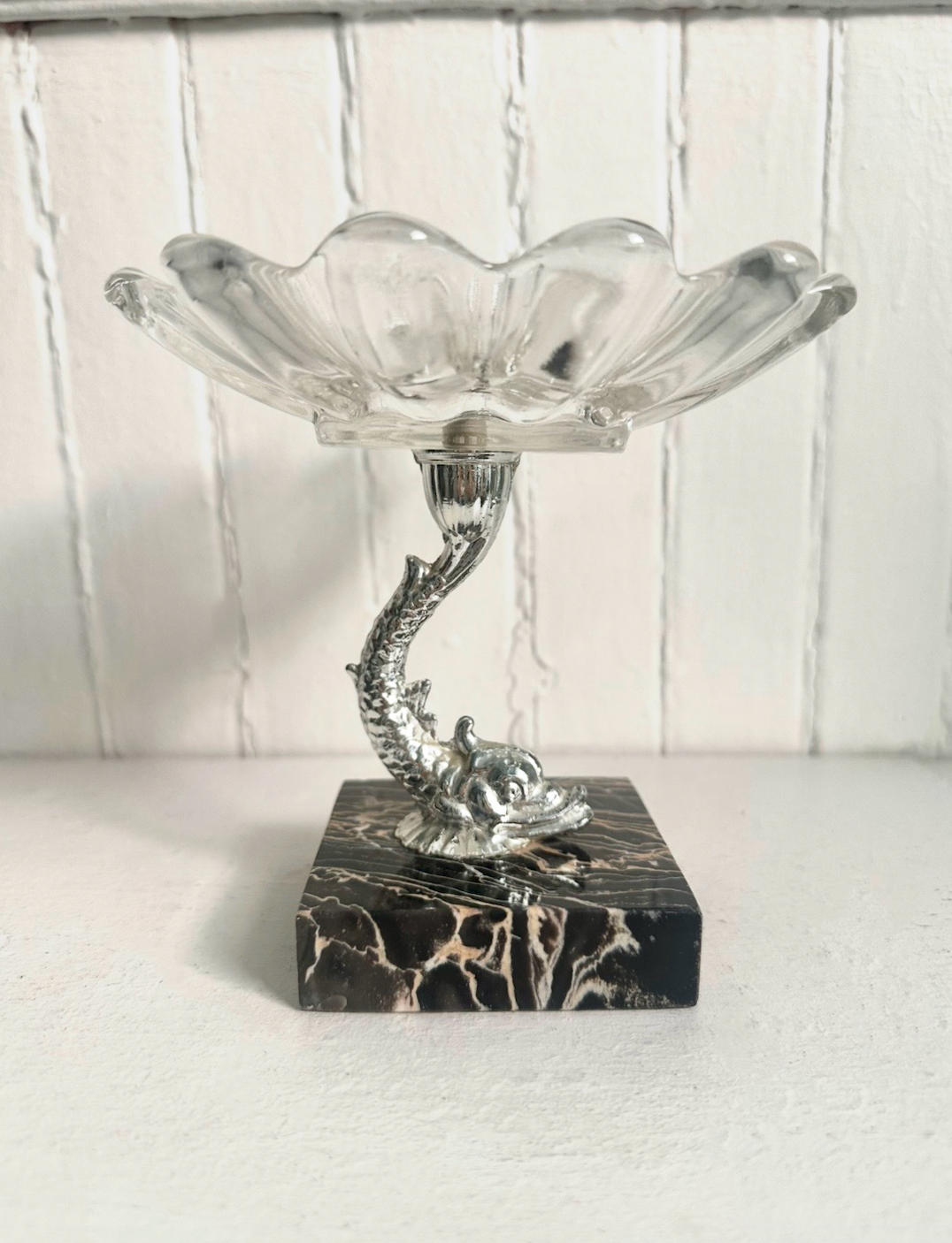 Vintage Marble & Glass Koi Fish Pedestal Dish