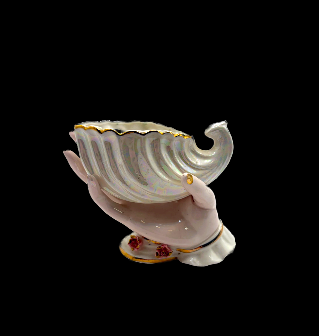 Vintage Hand Holding Shell Planter/Trinket Dish