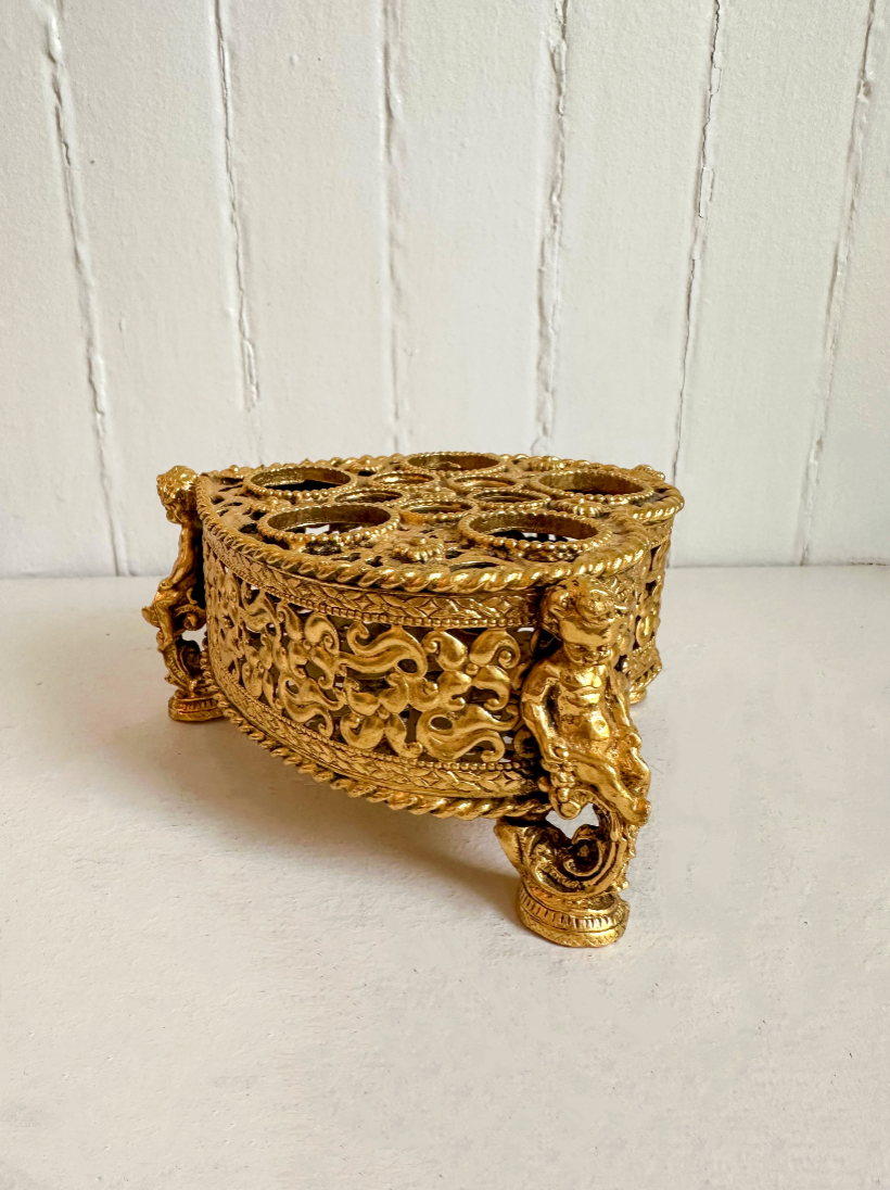 Vintage 24K Gold Plated Heart Lipstick Holder with Cherubs