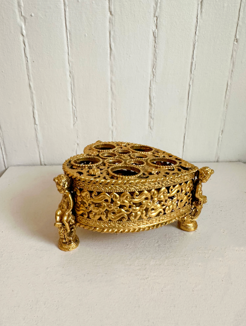 Vintage 24K Gold Plated Heart Lipstick Holder with Cherubs