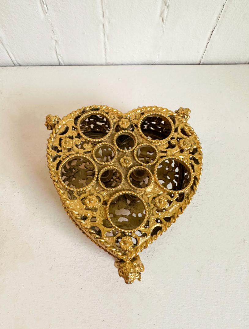 Vintage 24K Gold Plated Heart Lipstick Holder with Cherubs