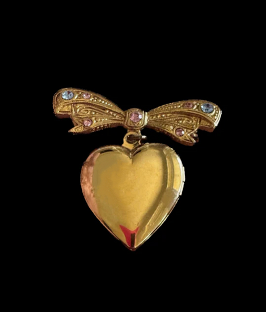 Vintage Heart Bow Locket Pin with Multicolor Jewels