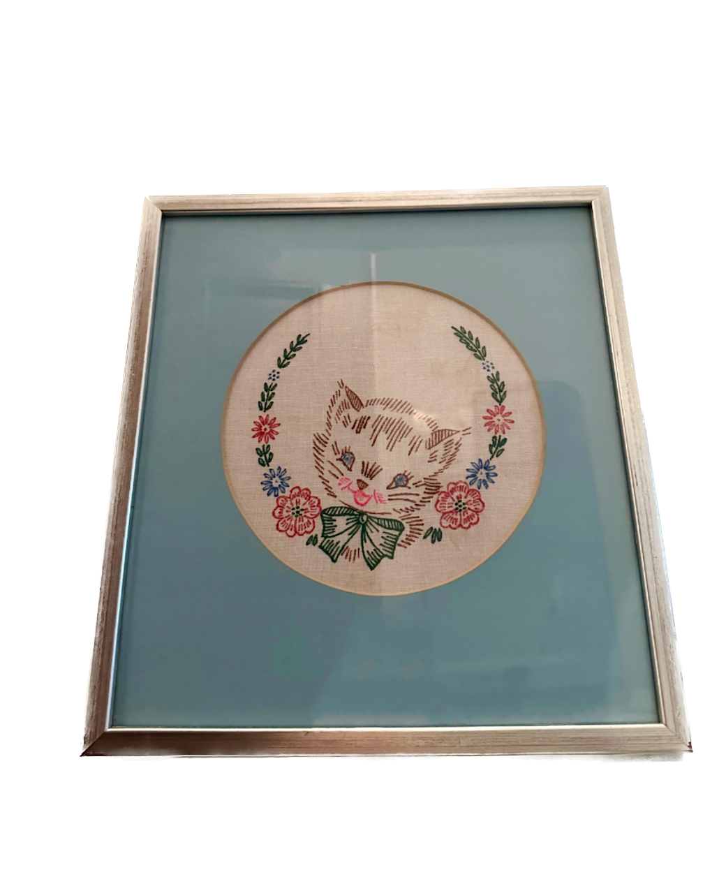 Vintage Kitten Embroidered Framed Needlepoint
