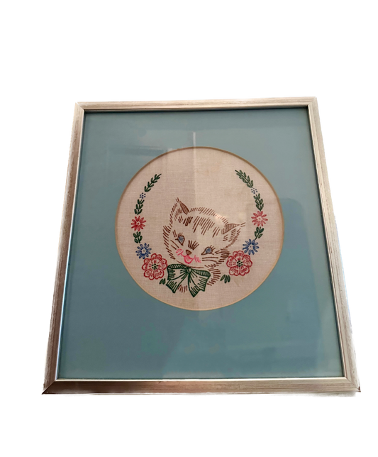 Vintage Kitten Embroidered Framed Needlepoint