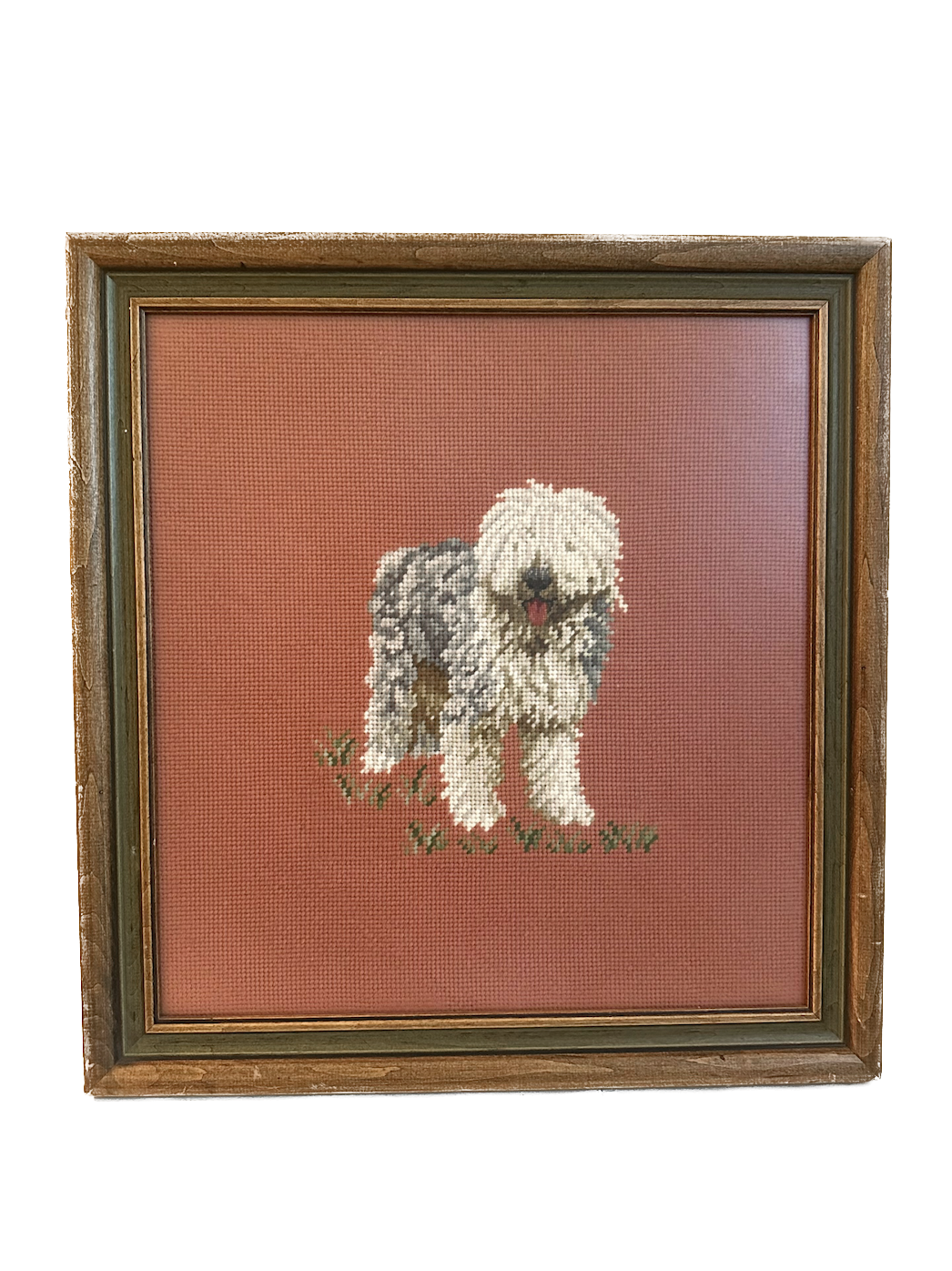 Vintage Old English Sheepdog Framed Needlepoint