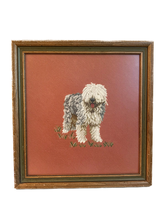 Vintage Old English Sheepdog Framed Needlepoint