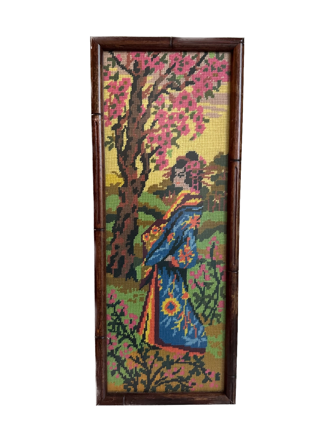 Vintage Japanese Geisha Under a Cherry Blossom Tree Framed Needlepoint