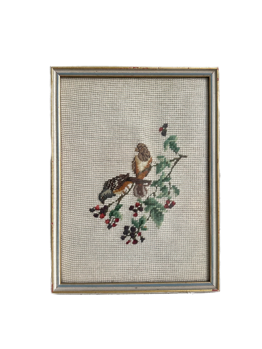 Vintage Birds on a Tree Branch Framed Needlepoint