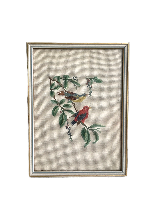 Vintage Birds on a Tree Branch Framed Needlepoint