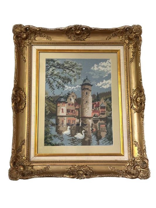 Vintage Swan Scene Ornate Framed Needlepoint