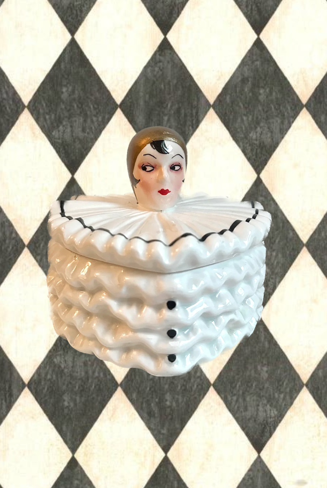 Vintage "MANN" Pierrette Clown Heart Shaped Ceramic Box