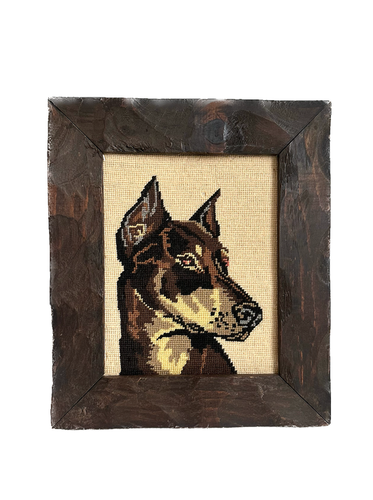Vintage Doberman Pinscher Dog Framed Needlepoint