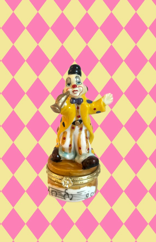 Vintage Clown Playing Trumpet Trinket Box