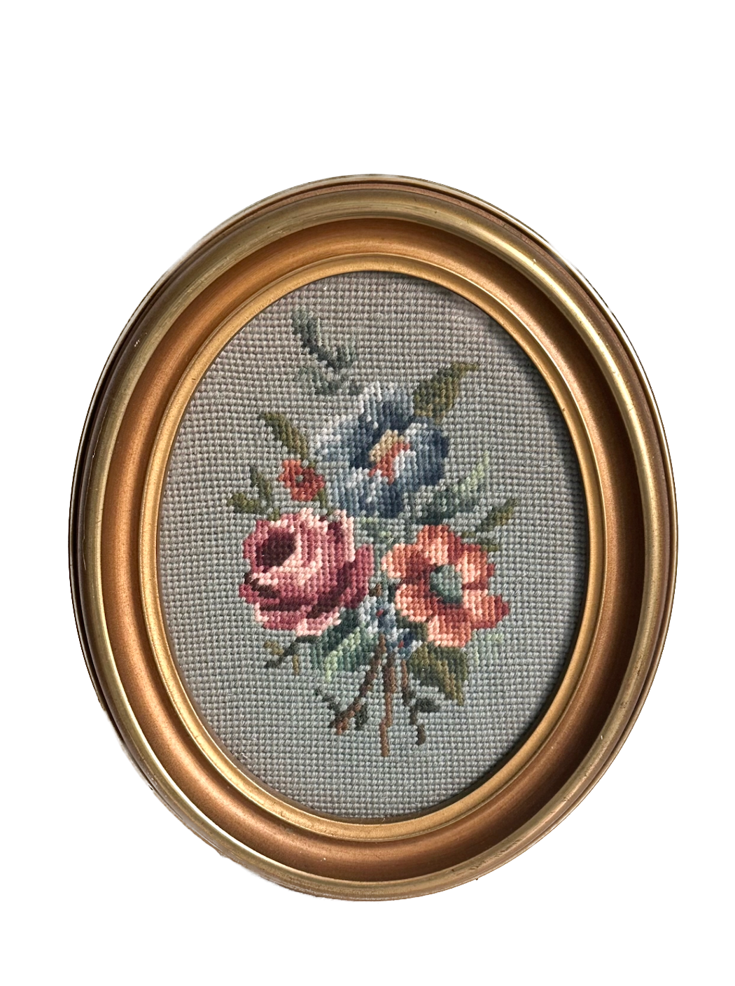 Vintage Floral Oval Framed Needlepoint