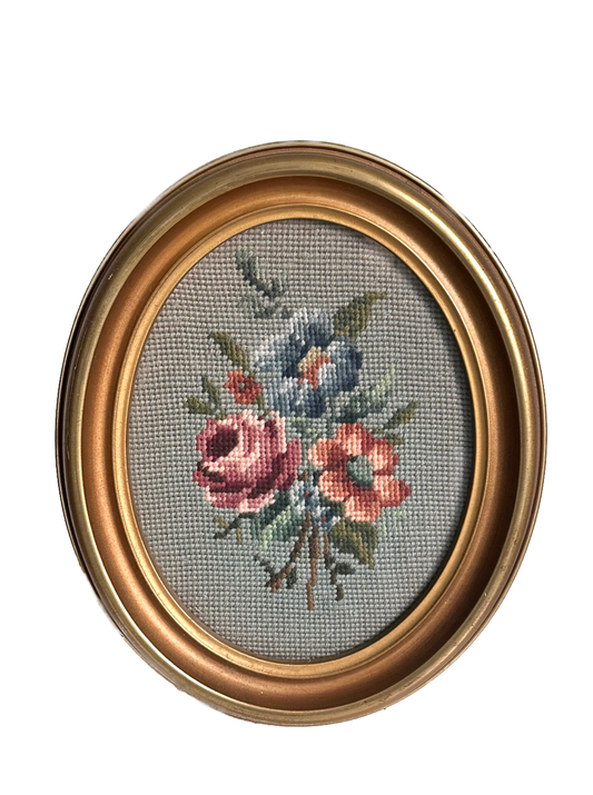 Vintage Floral Oval Framed Needlepoint