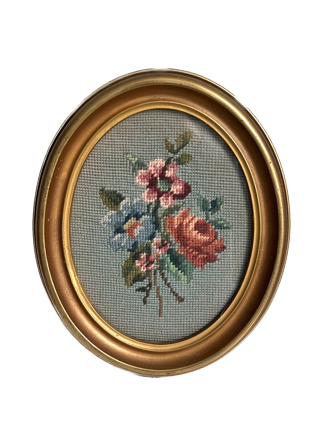 Vintage Floral Oval Framed Needlepoint