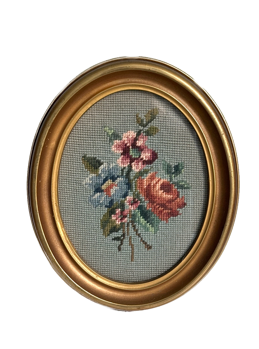 Vintage Floral Oval Framed Needlepoint