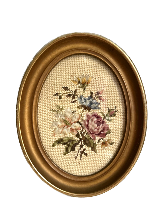 Vintage Floral Oval Framed Needlepoint