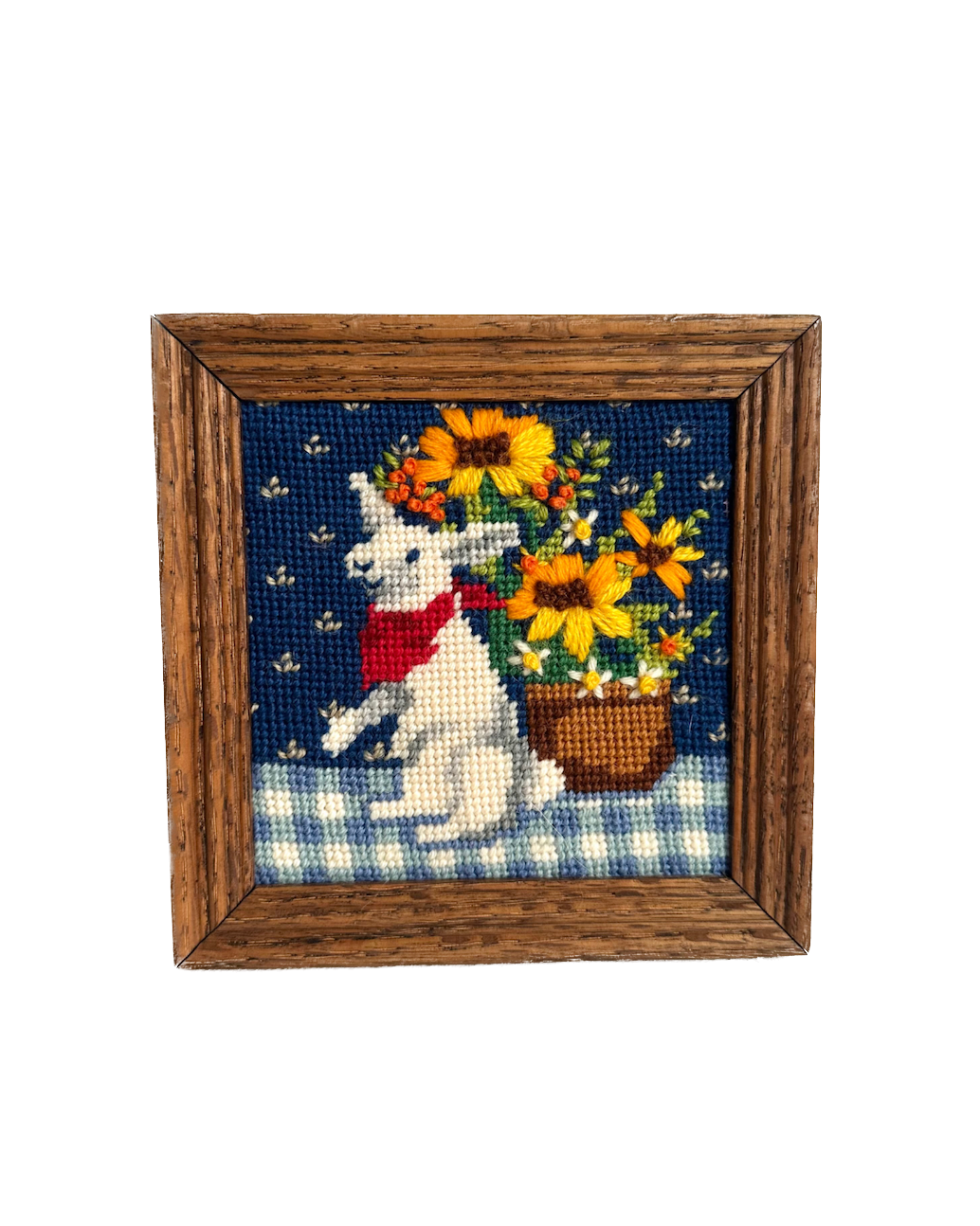 Vintage Bunny Rabbit with Sunflowers Framed Needlepoint