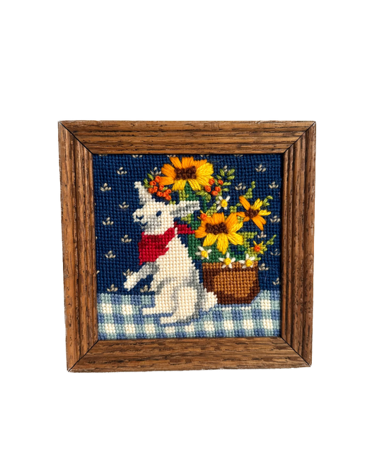Vintage Bunny Rabbit with Sunflowers Framed Needlepoint
