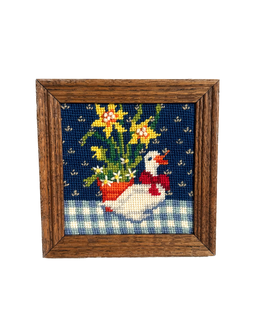 Vintage Duck with Flowers Framed Needlepoint