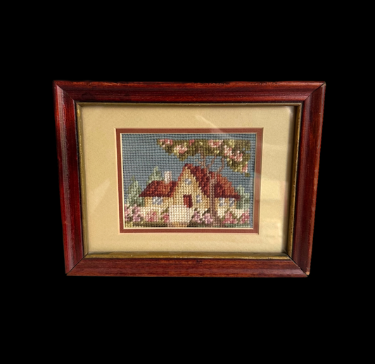 Vintage Cottage Spring Scene Framed Needlepoint