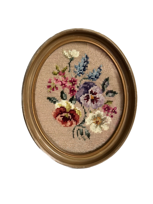 Vintage Pansies Oval Framed Needlepoint