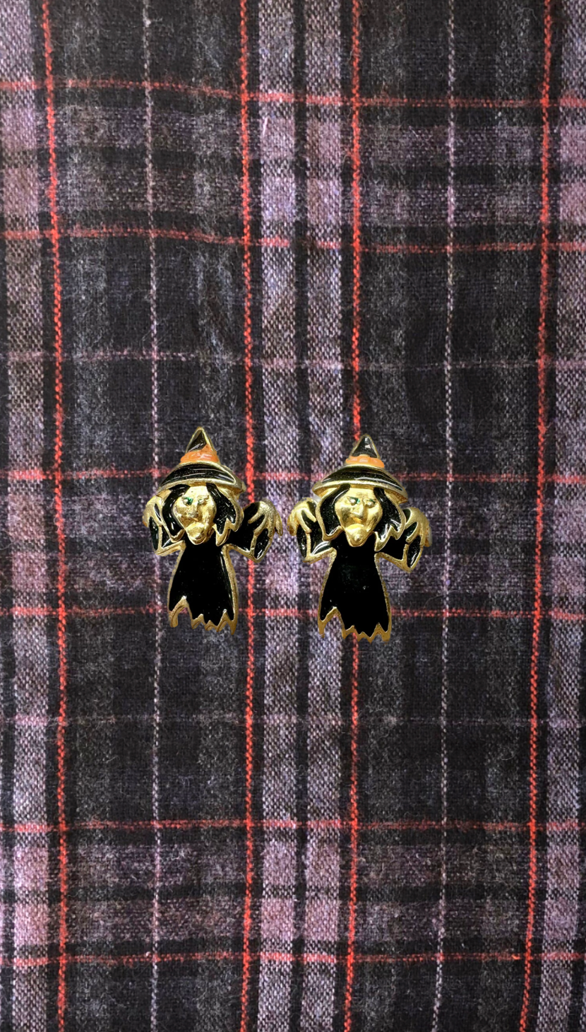 Vintage Gold Tone Enamel Witch Earrings