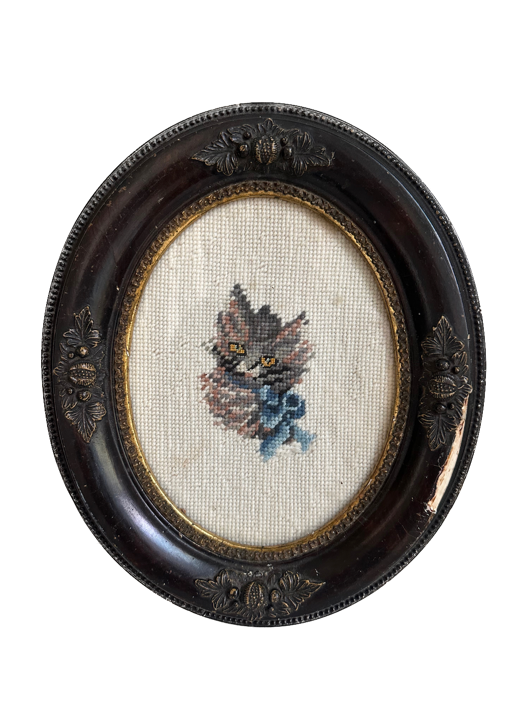 Vintage Cat with Blue Bow Framed Needlepoint