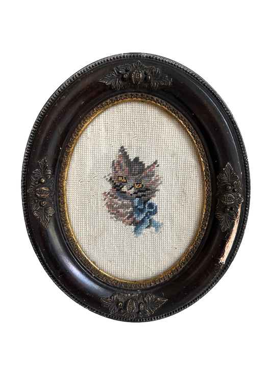 Vintage Cat with Blue Bow Framed Needlepoint