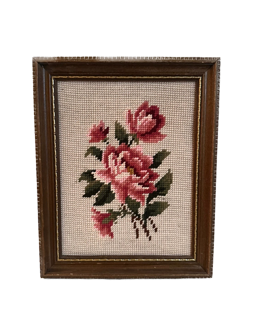 Vintage Pink Floral Framed Needlepoint