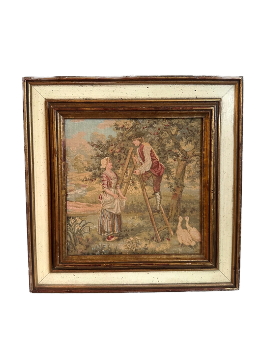 Vintage Pastoral Apple Orchard Needlepoint in Ornate Wood Frame