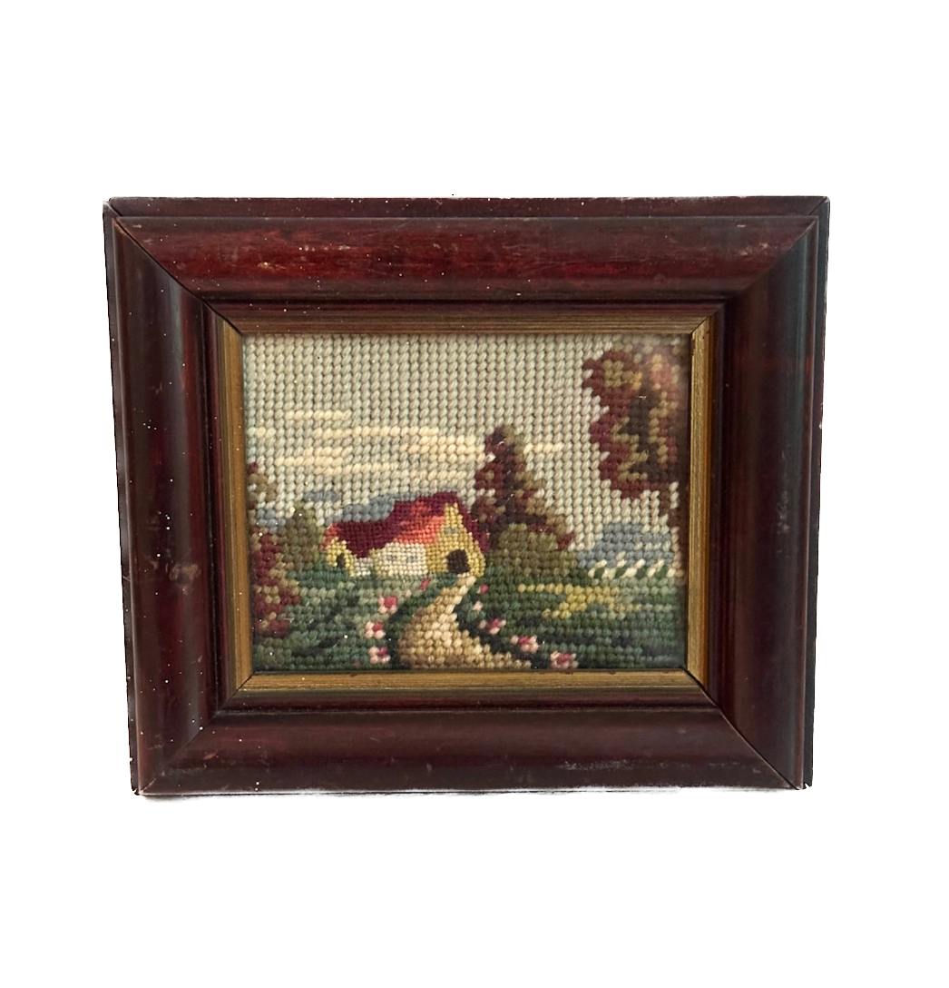 Vintage Sprint Cottage Scene Framed Needlepoint