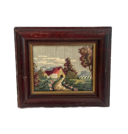 Vintage Spring Cottage Scene Framed Needlepoint
