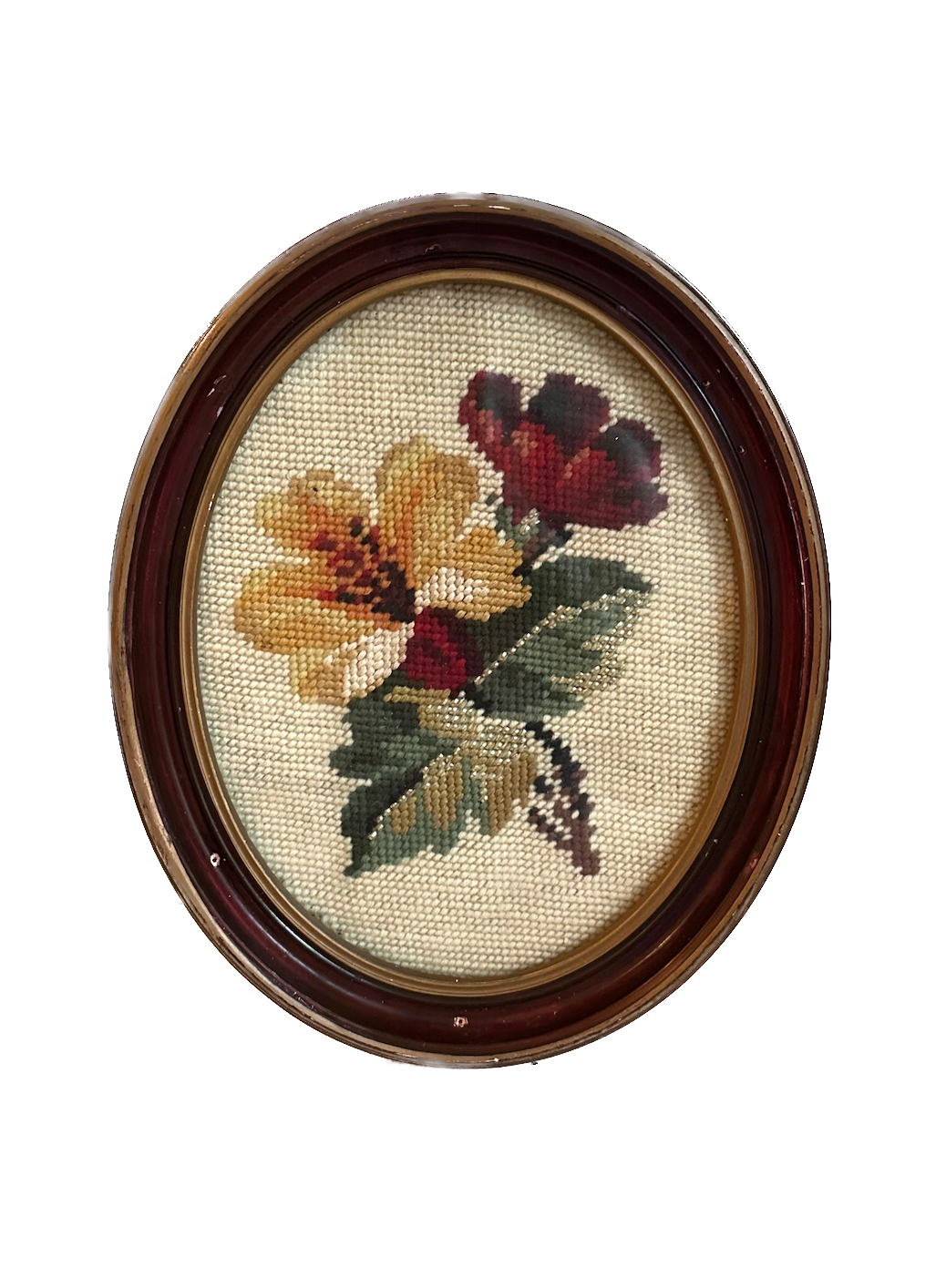 Vintage Floral Needlepoint in Oval Wood Frame