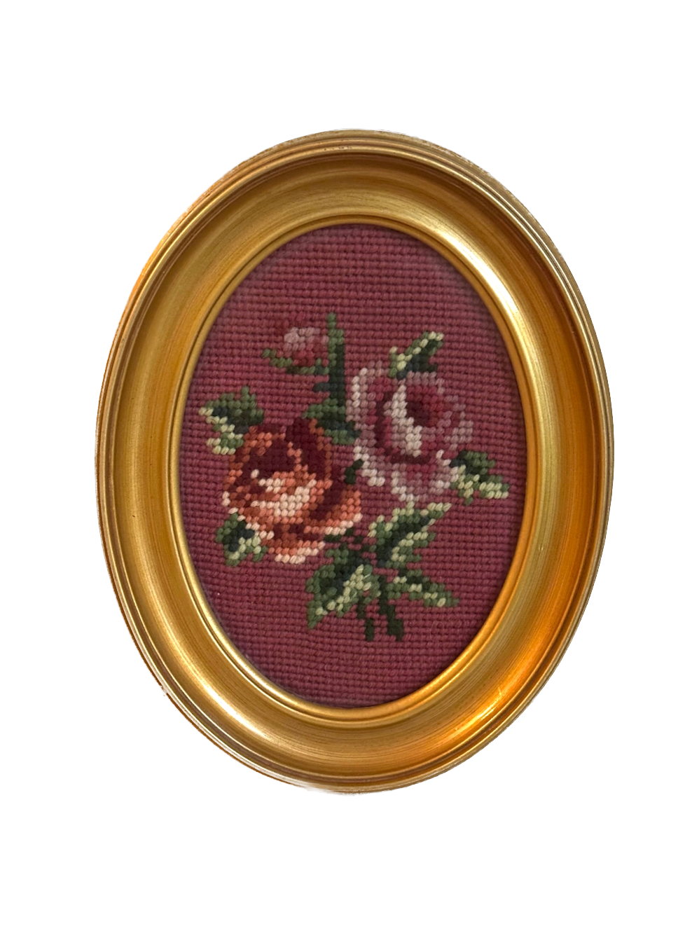 Vintage Roses Needlepoint in Oval Gold Frame