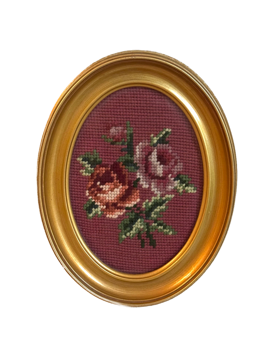 Vintage Roses Needlepoint in Oval Gold Frame