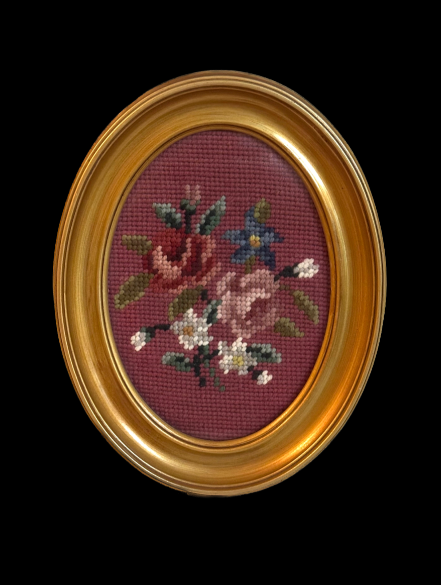 Vintage Floral Needlepoint in Oval Gold Frame