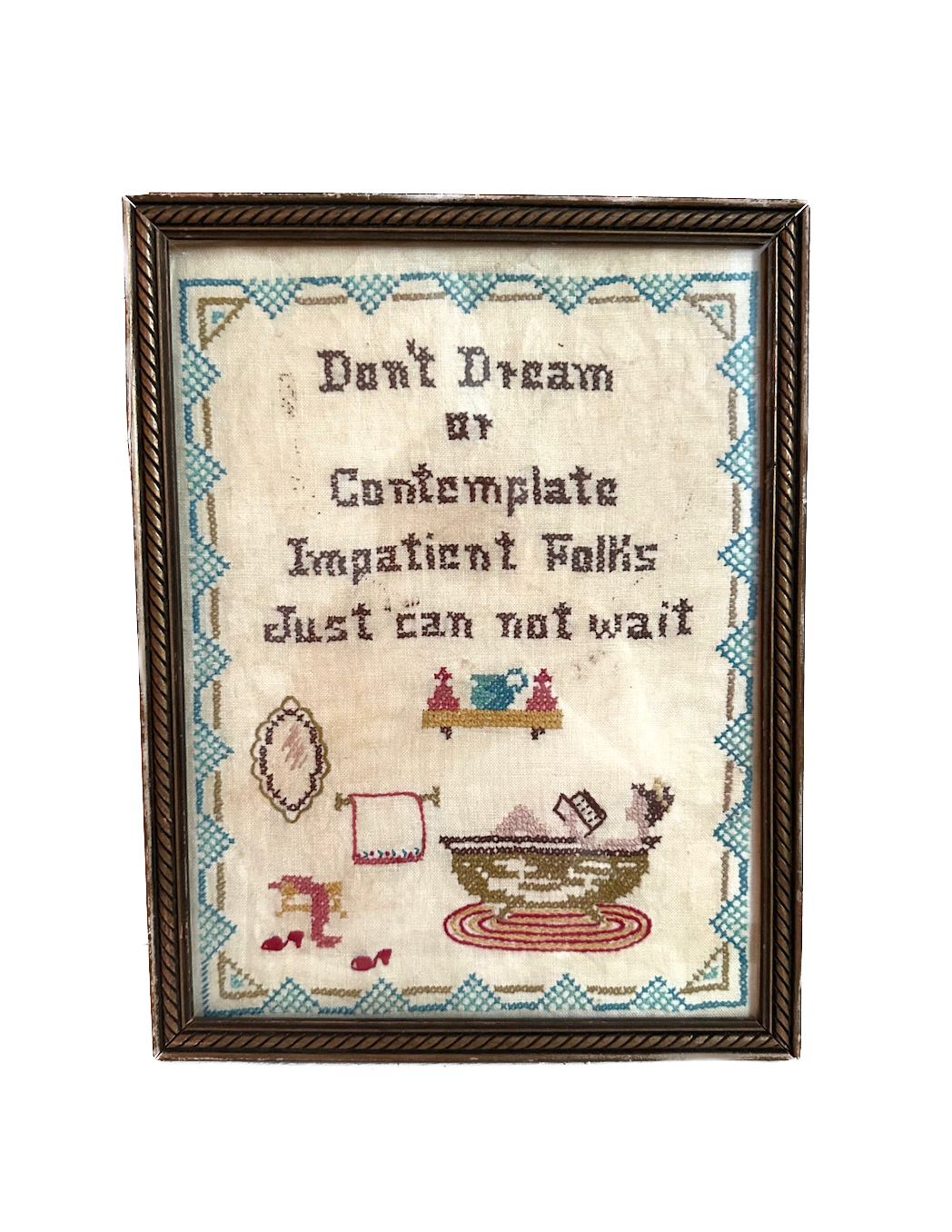 Vintage "Impatient Folks" Framed Needlepoint