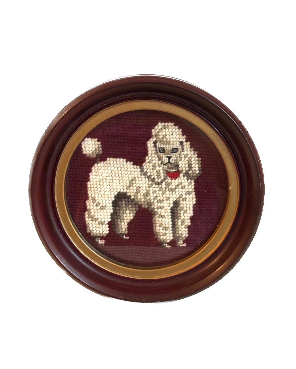 Vintage Poodle Dog Needlepoint in Round Wood Frame