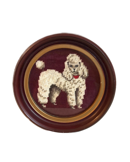 Vintage Poodle Dog Needlepoint in Round Wood Frame