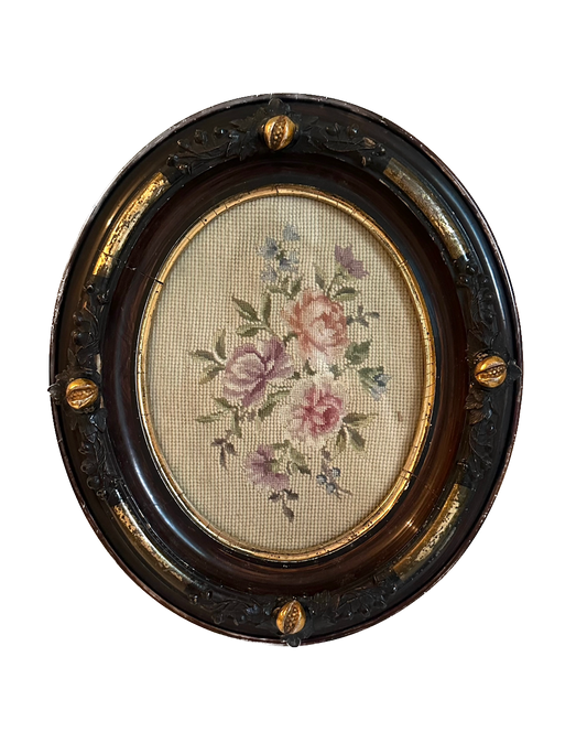 Antique Floral Rose Needlepoint in Ornate Oval Wood Frame